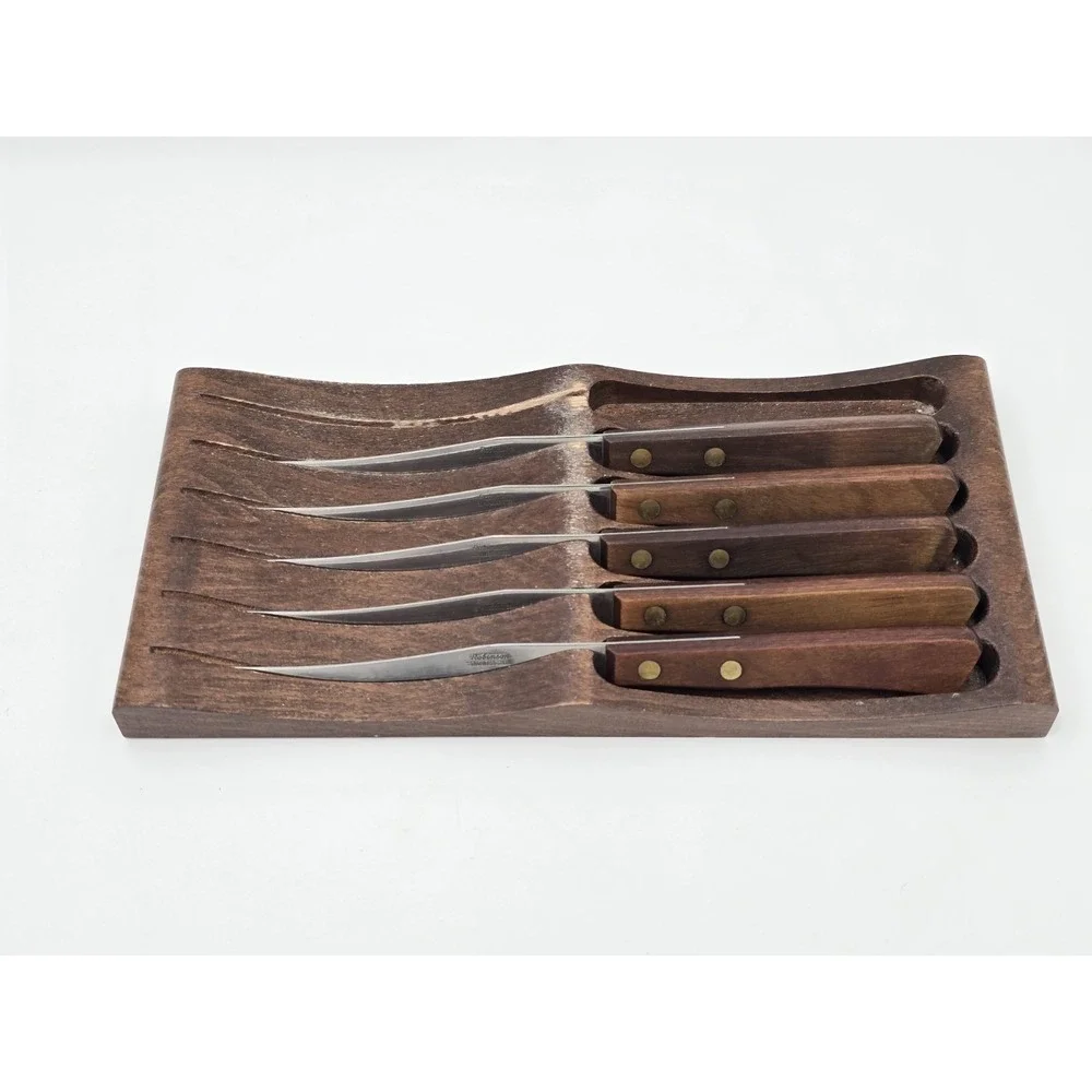 VTG Robinson Serrated Steak Knives Stainless Steel USA Wood Handles Set 5 Holder